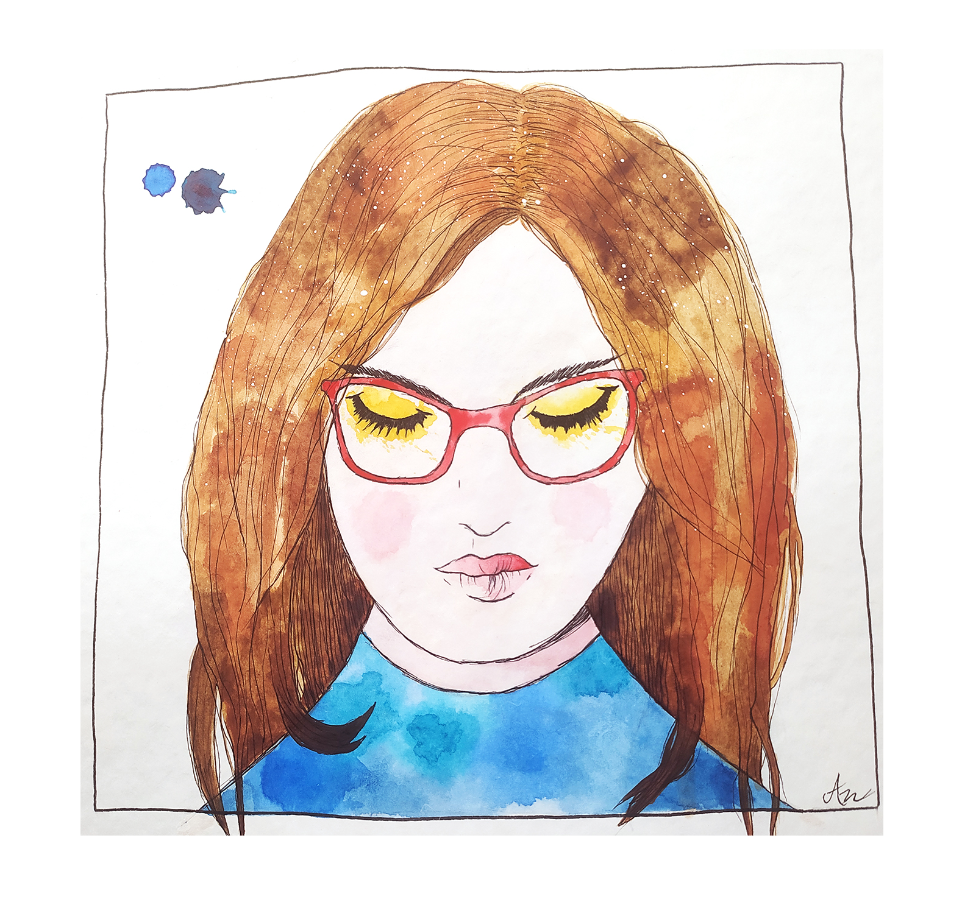 Dessin à l'aquarelle d'une femme brune avec lunettes rouges